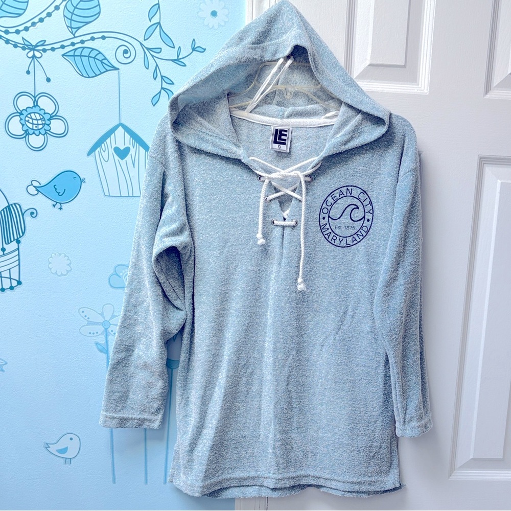 Liquid Energy Apparel Ocean City Maryland Lace Up Turquoise Blue Hoodie Size S !